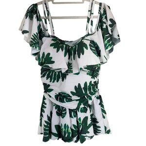 Leaf Print Off Shoulder One Piece Swimsuit Skirted Women's Medium COCOPEAR NWT